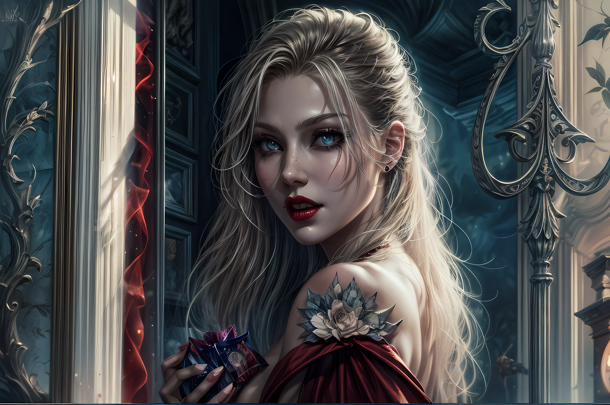 icture of vampire standing in the front of her home holding a (candy bag: 1.2), an exquisite beautiful female vampire in her front door of her home, full body (ultra detailed, Masterpiece, best quality), ultra detailed face (ultra detailed, Masterpiece, best quality), grey skin: 1.3 , blond hair, hair in a ponytail, long hair, blue eyes, cold eyes, glowing eyes, intense eyes, smile with [drops of blood on face] (ultra detailed, Masterpiece, best quality), dark red lips, [vampire fangs], wearing white dress (ultra detailed, Masterpiece, best quality), dark blue cloak, high heeled boots in front of her home, (holding a candy bag: 1.4), high details, best quality, 16k, [ultra detailed], masterpiece, best quality, (ultra detailed), full body, ultra wide shot, photorealism, luis royo style, dark fantasy art, moon light coming through the window, moon rays, gothic art, sense of dread, sense of seduction, bloodmagic