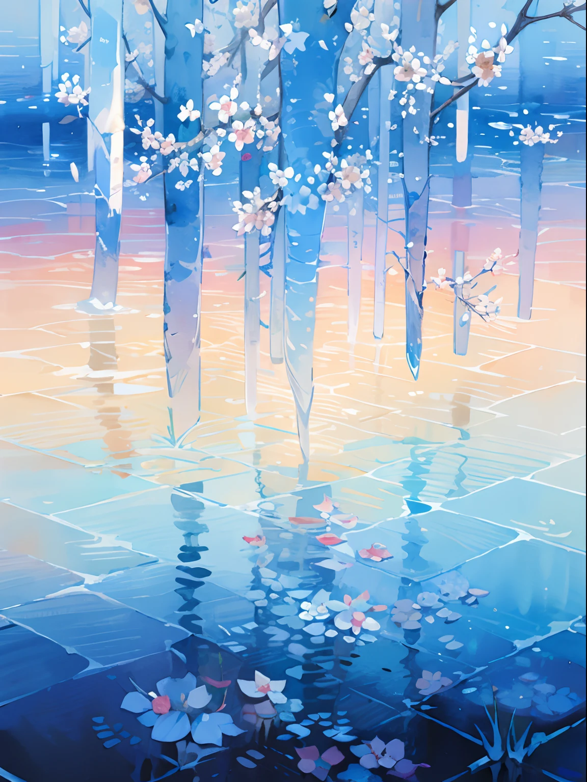 watercolor texture graphic technical pattern blue color masterpiece top quality lots of flowers