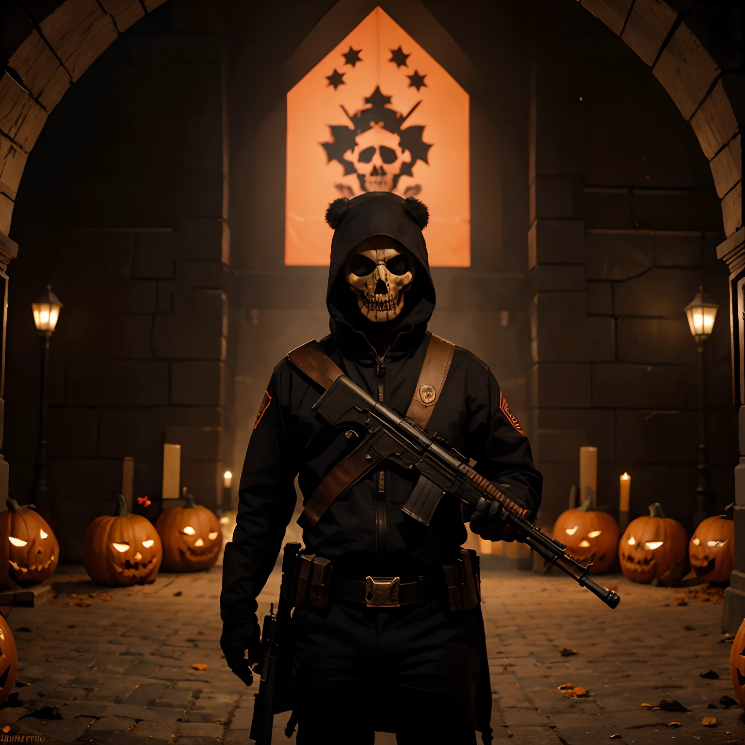 8k, Best quality, Masterpiece, soldat russe , Skull mask , firearm,arme de maintien, arme AK-47, Red Square Decorations , avec des citrouilles halloween
