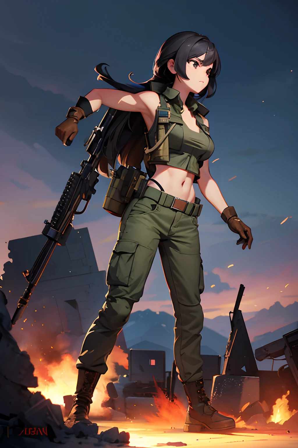 Full body, 24 year old, Filipino Woman, tanned bronze skin, wearing marine corps uniform, fighting on the battlefield, strong muscles, world war, modern war theme, military girl, rifle, (holding a rifle: 1.3), (aiming and holding rifle: 1.3), soldier girl, infantry girl, shootout, air raid, air strike, military, camouflage uniform, burning vehicle, warzone, battlefield, war, ruins, explosion, burning city, smoke, torn tank top, belly button, gloves, torn military pants, small, cleavage, expression of determination, rigorous expression, highest quality, ultra-high resolution, absurdity, realistic, physically based rendering, cinematic lighting, complex and cinematic appearance, cinematic soft light, soothing tone, battlefield background, urban war background, photorealistic, cowboy shot, dynamic angle, Beautiful digital artwork, Realistic anime 3D style