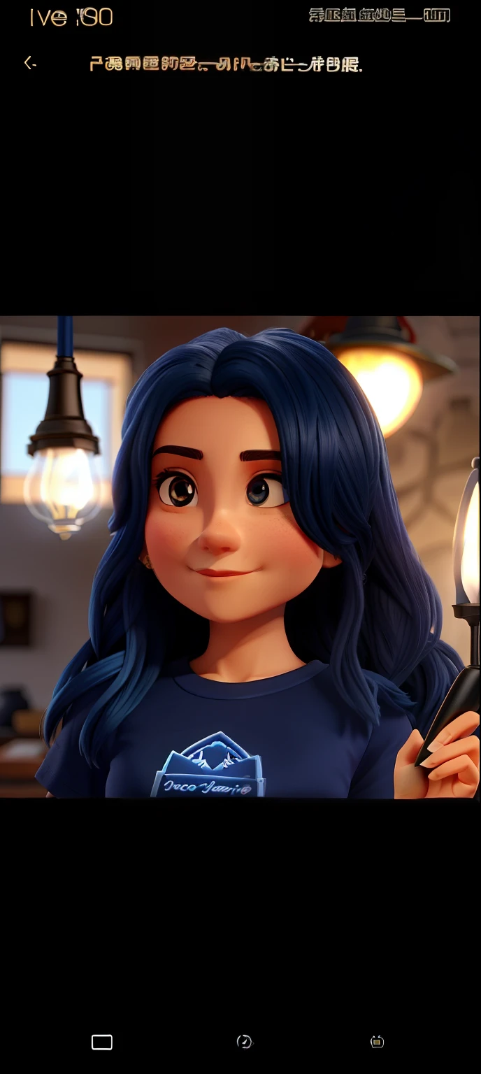 A Beautiful Wise Woman, cabelo preto longo liso, vestindo uma camiseta azul, illuminated by the light of a lamp