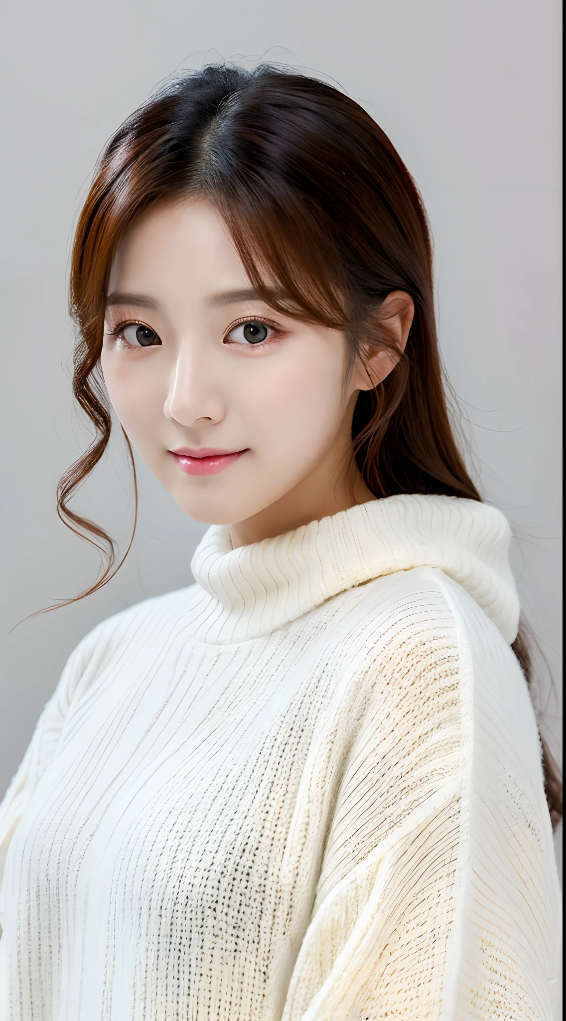 1 beautiful korean woman,sweater,white background, looking at the camera