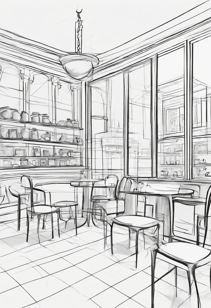 livingroom, line art, scetch sketch artstyle A line art drawing of a French coffee shop interior with minimalist architecture, ((monochrome)), ((sketch)), line art, masterpiece, best quality, (((storyboard))).