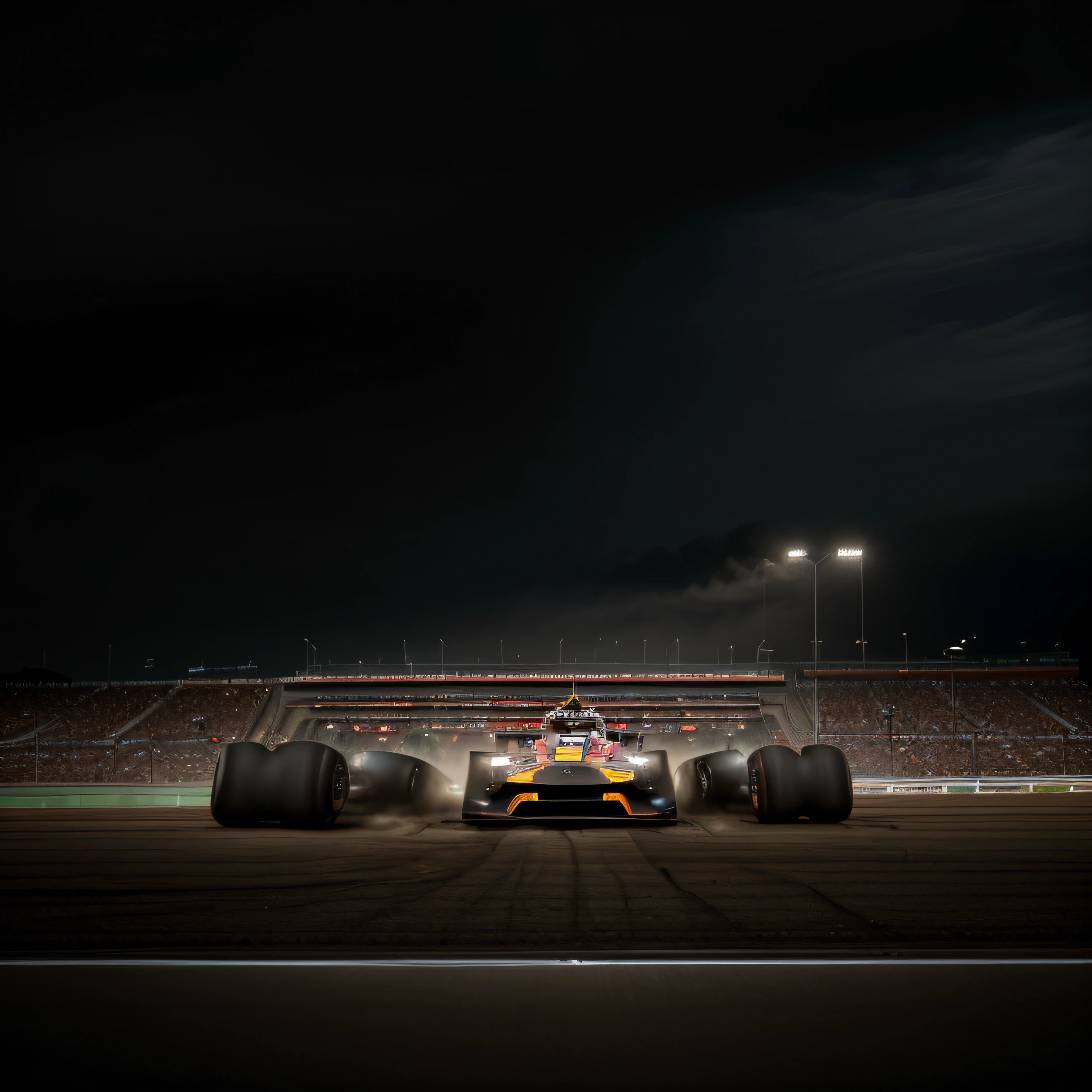 "Capture the electrifying atmosphere of a fiery race track landscape. The scene should depict a vibrant and intense racing environment, with a realistic portrayal of a blazing race track. The track should be illuminated by the fiery glow of burning rubber and the sparks of high-speed racing. The surrounding landscape can include grandstands filled with cheering spectators, billboards, and other elements that contribute to the racing atmosphere. The image should be rendered in a photorealistic style, with attention to detail, realistic lighting, and vibrant colors. The camera angle can be a sweeping panoramic shot, capturing the scale and excitement of the race track. The lens used should be a wide-angle lens, allowing for a broad field of view and emphasizing the dynamic nature of the scene. The image should be rendered in high resolution to bring out the intricate details of the race track and the surrounding elements."