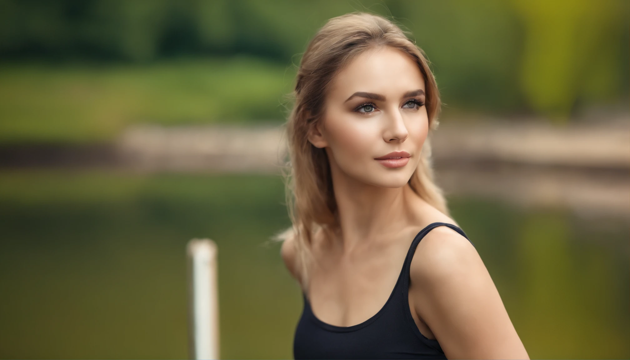 20 year old Eastern European woman,Europe,blonde hair、dynamicposes,、Serious、(Incredible skin details:1.4)、(Natural skin:1.2)、(pores:0.6)、make - up、(A detailed eye:1.2)、lake、High background image quality、Rim Lights、(bokeh dof:1.2)、a picture、movie、Photorealsitic、A hyper-realistic、Glossy spats、Glossy tank top、
