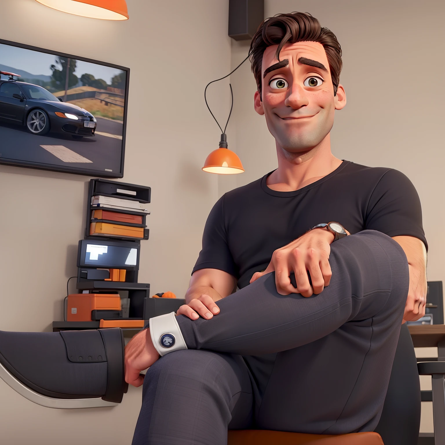 Jon Hamm dressed in an orange shirt and black pants, sorrindo e apontando para o lado com o dedo indicador