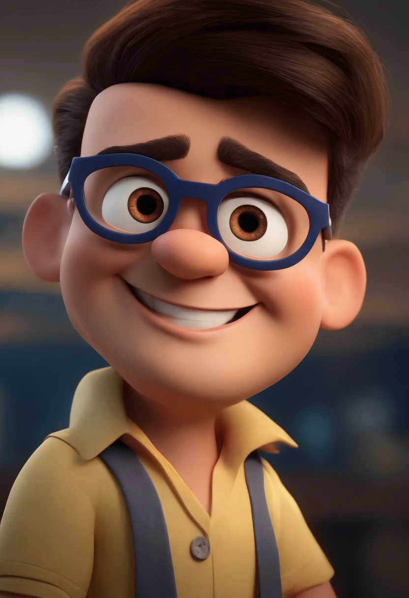 Cartoon character of a man wearing black glasses and a blue shirt, um personagem animado, Caractere estilizado, animation style rendering, 3D estilizado, Arnold Maya render, 3 d render stylized, toon render keyshot, Personagem 3D, Personagem 3D, 3d rendering stylized, 3 d character render, personagem de desenho animado, Personagem de close up, Pose de personagem, (Estilo Pixar) (master part:1.2) (Bokeh) (best quality) (pele detalhada) (textura detalhada) (8k) (argila) (Cinematic lighting) (foco nítido,Senta e vaza a parte superior do corpo
