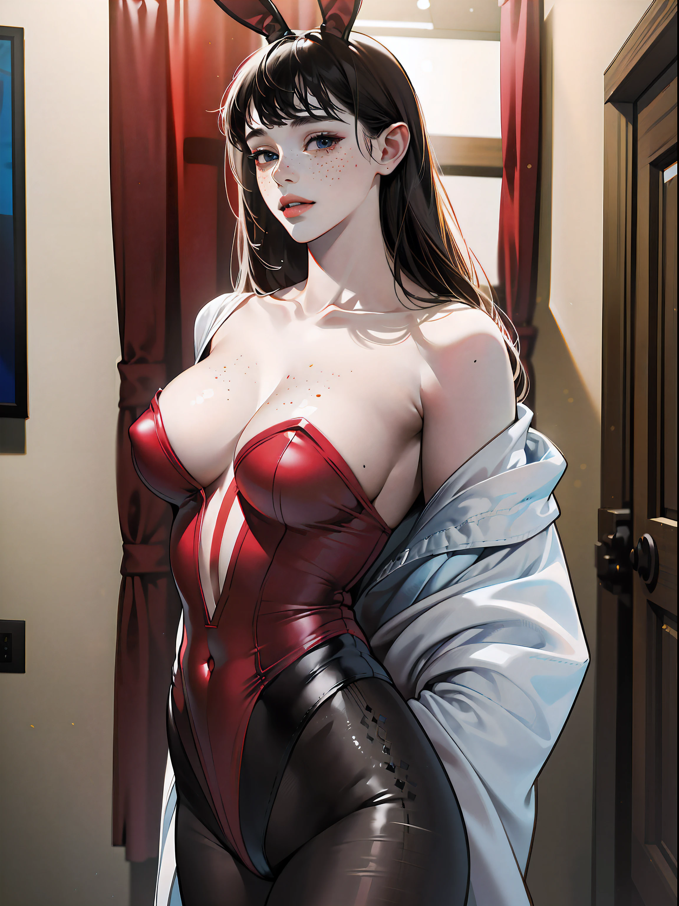 (((masterpiece, best quality, high resolution)))), Extremely detailed 8K, (mature female:1.5) (Ultra HD, Ultra-detailed, Highly detailed, Highly realistic, Ultra-realistic, photograph realistic), (1girl:1.5), (solo:2), (very cute), black hair, (pale skin:1.5) long wavy hair, red eyes, smile, parted lips, (large breasts:1.2), bedroom, sexy pose, cute face, midriff, collarbone, (black Playboy bunny suit, highleg leotard), seductive expression, seductive eyes, suggestive look, indoors, cowboy shot, freckles, offshoulder, bare shoulders, comeltoe, hands behind back,