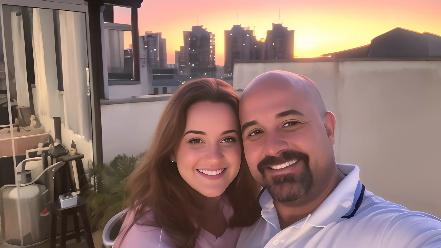 They are posing for a photo on the roof of a building, imagem de perfil, sunset in the background, tirada na hora dourada. Estilo Disney Pixar