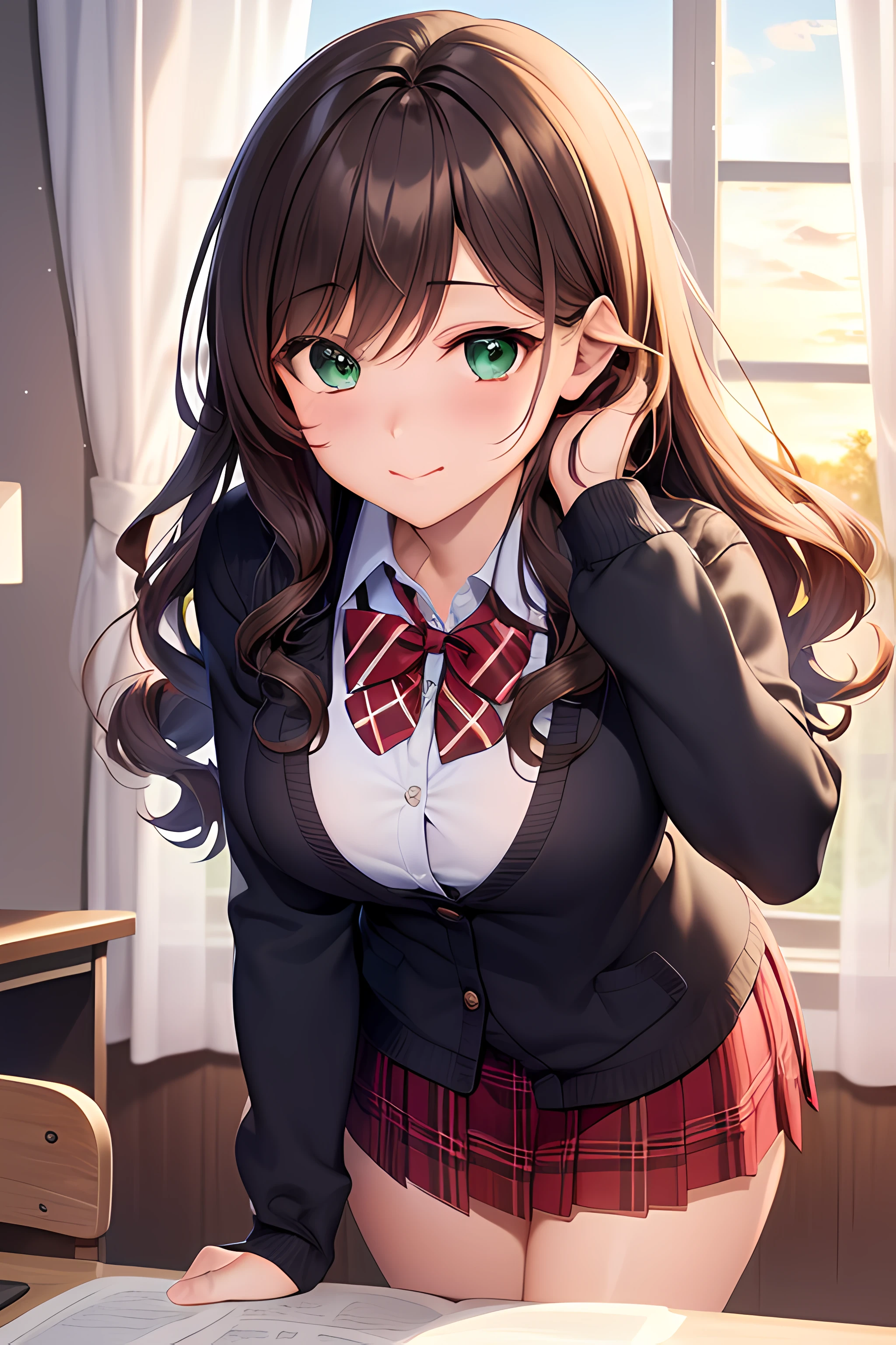 ((masterpiece, best quality, highres, UHD, perfect pixel, depth of field, 4k, RTX, HDR)), 1girl, single, solo, 24 years old, beautiful anime girl, beautiful artstyle, anime character, ((long hair, bangs, brown hair, curly hair)), (green eyes:1.4, rounded eyes, beautiful eyelashes, realistic eyes), (detailed face, blushing:1.2), (smooth texture:0.55, realistic texture:0.65, photorealistic:1.2, cinematic, anime CG style), medium breasts, perfect body, busty, (POV, close up), ((school uniform, cardigan, sweater, jacket, red bowtie, plaid skirt)), (indoor, beside the window), ((side light, natural light, sunrise)), sly smile, leaning forward, looking at viewer