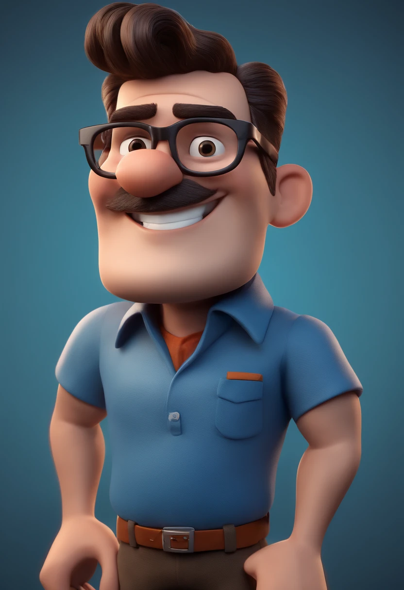 Cartoon character of a man with black glasses and a blue shirt, animation character, Caractere estilizado, animation style rendering, 3D estilizado, Arnold Maya render, 3 d render stylized, toon render keyshot, Personagem 3D, Personagem 3D, 3d rendering stylized, 3 d character render, personagem de desenho animado, Personagem de close up, Pose de personagem, (Estilo Pixar) (master part:1.2) (Bokeh) (best quality) (pele detalhada) (textura detalhada) (8k) (argila) (Cinematic lighting) (foco nítido