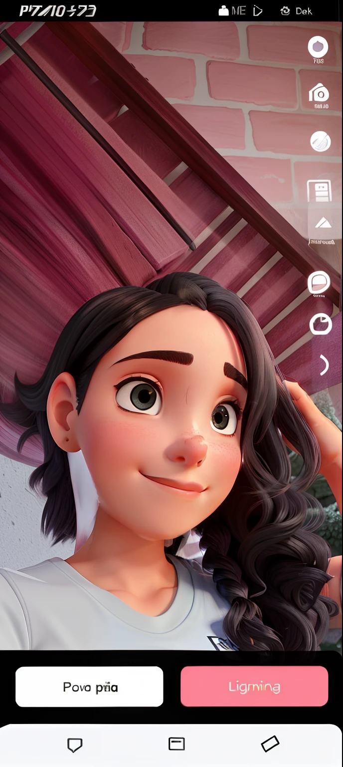 uma jovem linda, cabelo preto longo encaracolado, vestindo uma camiseta rosa, iluminada pela luz natural