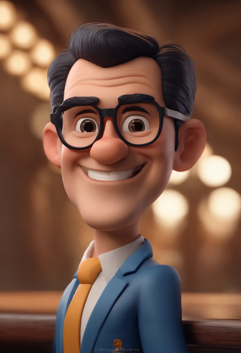 Personagem de desenho animado de um homem advogado , with black glasses and blue suit , cabelo liso, tatuagem pequena de cruz na nuca SORRIDENTE E BONITO, animation character, Caractere estilizado, animation style rendering, 3D estilizado, Arnold Maya render, 3 d render stylized, toon render keyshot, Personagem 3D, Personagem 3D, 3d rendering stylized, 3 d character render, personagem de desenho animado, Personagem de close up, Pose de personagem, (Estilo Pixar)