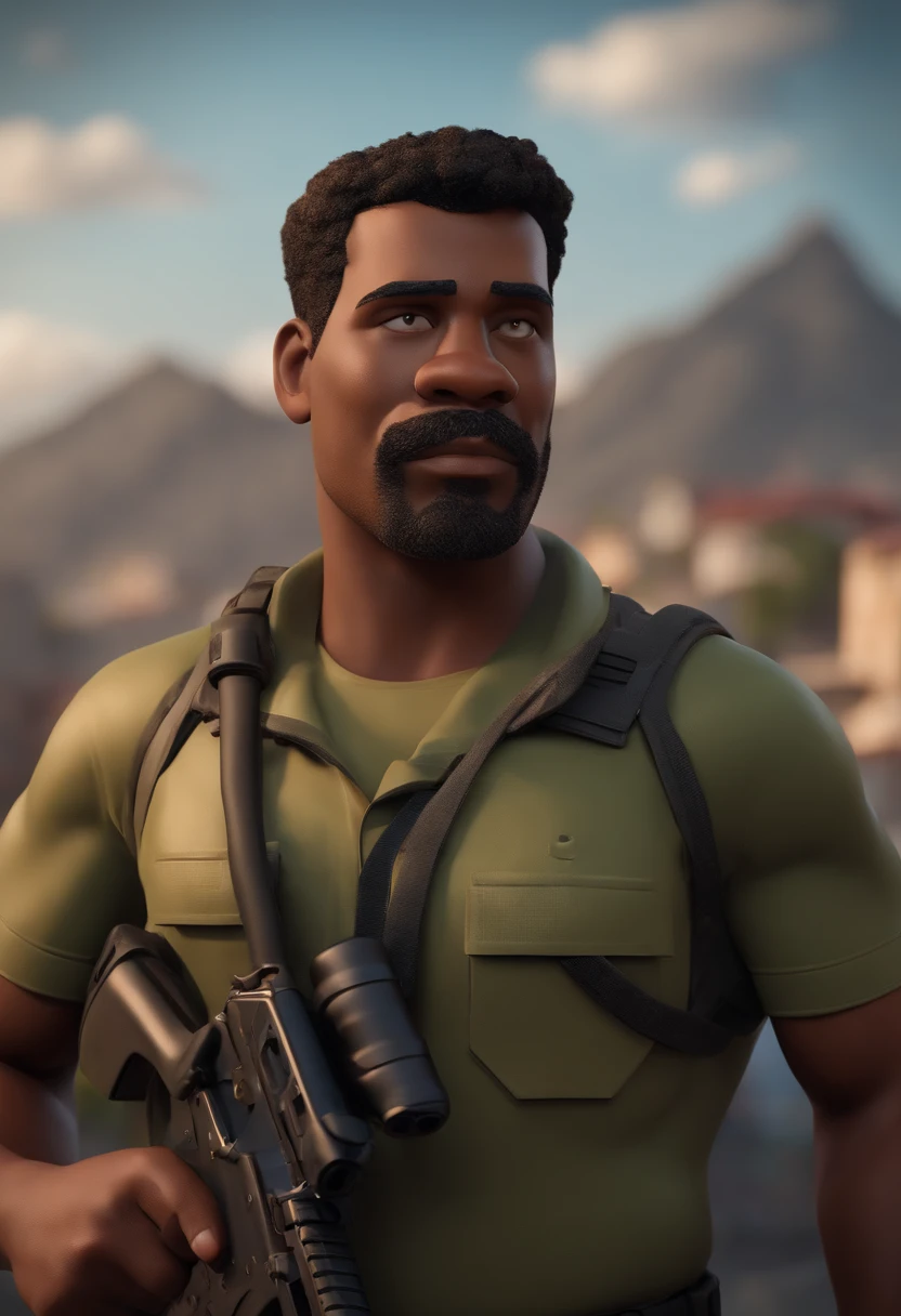 personagem dos desenhos animados de um homem gordo de pele negra, com cabelos moecano curto, bigode grisalhos, com uniforme camuflado do brasil, Holding a 762 in hand with tactical gear, With the favela of Rio de Janeiro in the background animation character, Caractere estilizado, animation style rendering, 3D estilizado, Arnold Maya render, 3 d render stylized, toon render keyshot, Personagem 3D, Personagem 3D, 3d rendering stylized, 3 d character render, personagem de desenho animado, Personagem de close up, Pose de personagem, (Estilo Pixar) (master part:1.2) (Bokeh) (melhor qualidade) (pele detalhada) (textura detalhada) (8k) (argila) (Cinematic lighting) (foco nítido)