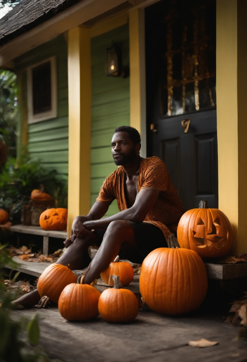 NSFW (nude) (African male with jack-o-lantern head and penis) full body, standing on a deserted beach