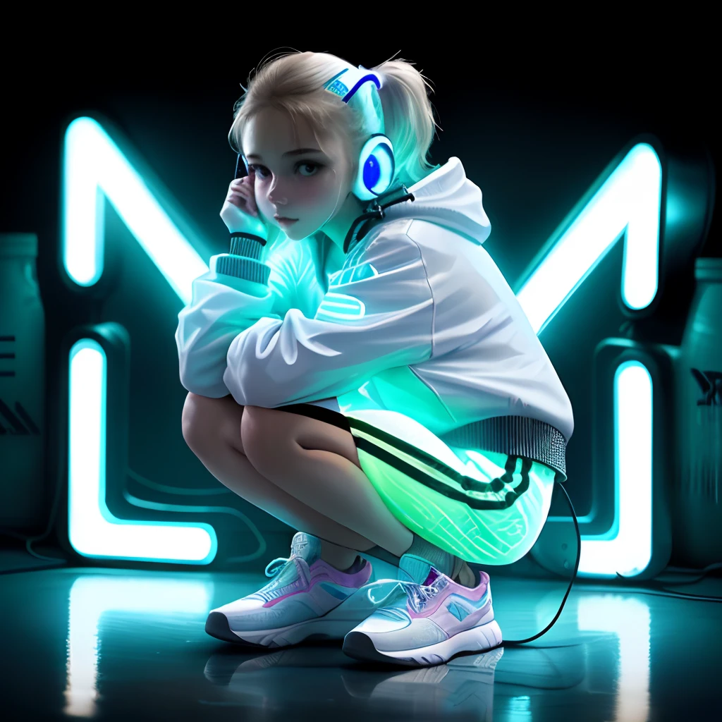 Night　Girl crouching　White sportswear　Glowing sneakers　ear phone　Neon light　signboard