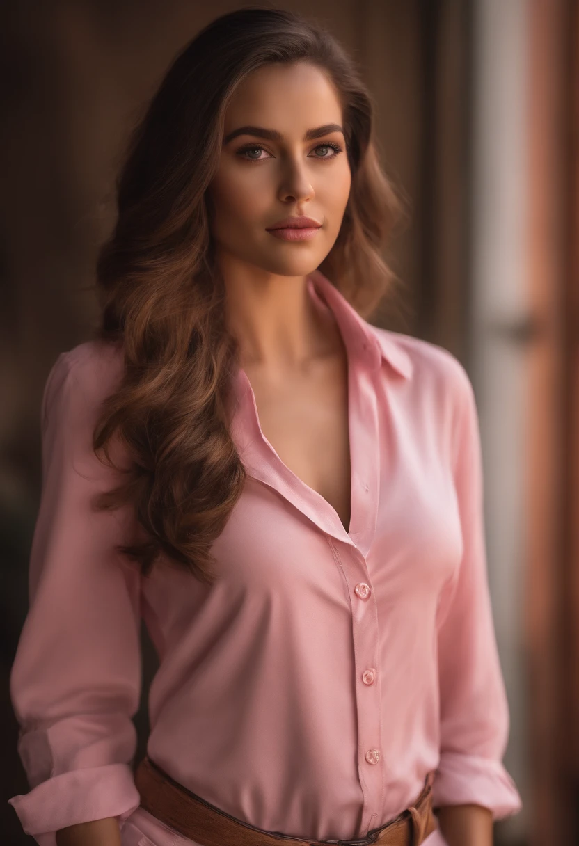 A pretty girl with dark hair and big, brown bambi eyes. Her figure is curvy, the 3/4 shot hinting at her perky b-cups. She's in her early twenties. She's wearing a ruffled blouse and a skirt, and wears elegant, timeless glasses.