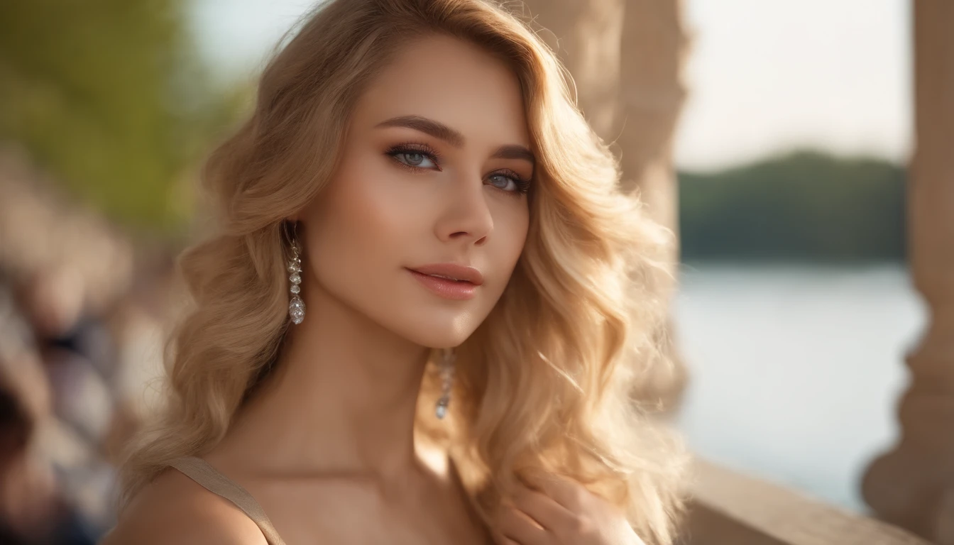 20 year old Eastern European woman,Europe,blonde hair、dynamicposes,、Serious、(Incredible skin details:1.4)、(Natural skin:1.2)、(pores:0.6)、make - up、(A detailed eye:1.2)、lake、High background image quality、Rim Lights、(bokeh dof:1.2)、a picture、movie、Photorealsitic、A hyper-realistic、Glossy spats、Glossy tank top、with glasses