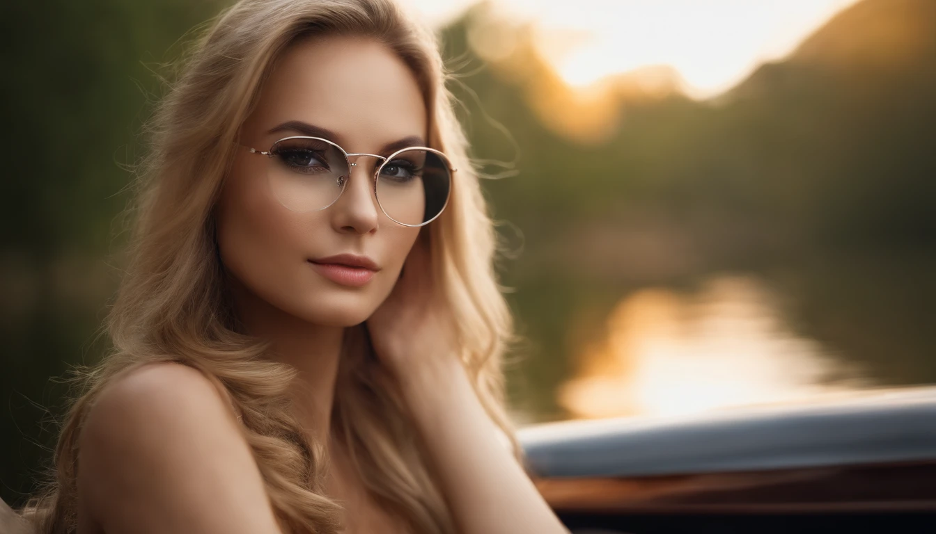20 year old Eastern European woman,Europe,blonde  hair、dynamicposes，、Serious、(Incredible skin details:1.4)、(Natural skin:1.2)、(pores:0.6)、make - up、(A detailed eye:1.2)、lake、High background image quality、Rim Lights、(bokeh dof:1.2)、a picture、movie、Photorealsitic、A hyper-realistic、Glossy spats、Glossy tank top、with glasses