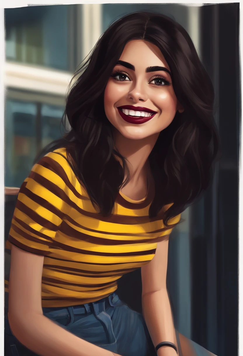 a girl with big eyes,
long black hair, side bangs with large eyelashes, eyeliner, brown eyes, large mouth with dark burgundy lipstick, big smile, white teeth
with a pair of jeans. yellow and black striped t-shirt.The scene of following the artistic style
similar to Pixar