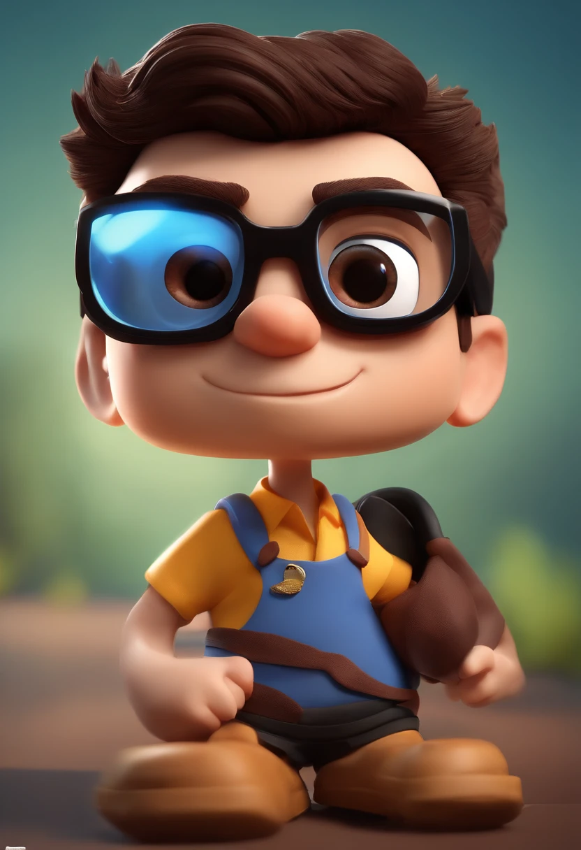 Cartoon character of a man with black glasses, cabelo cacheado marrom escuro e uma camisa azul, animation character, Caractere estilizado, animation style rendering, 3D estilizado, Arnold Maya render, 3 d render stylized, toon render keyshot, Personagem 3D, Personagem 3D, 3d rendering stylized, 3 d character render, personagem de desenho animado, Personagem de close up, Pose de personagem, (Estilo Pixar) (master part:1.2) (Bokeh) (best quality) (pele detalhada) (textura detalhada) (8k) (argila) (Cinematic lighting) (foco nítido