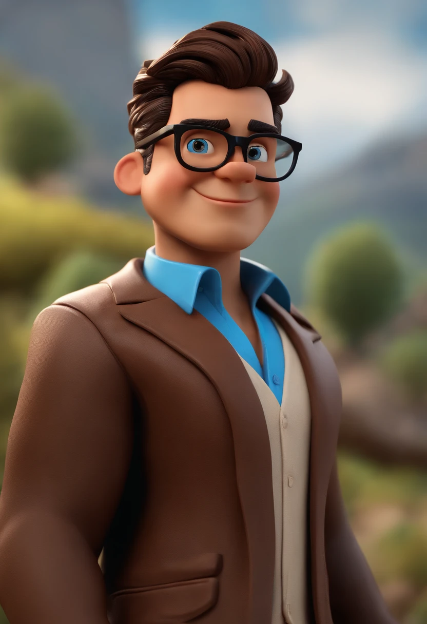 Cartoon character of a man with black glasses, cabelo cacheado marrom escuro e uma camisa azul, animation character, Caractere estilizado, animation style rendering, 3D estilizado, Arnold Maya render, 3 d render stylized, toon render keyshot, Personagem 3D, Personagem 3D, 3d rendering stylized, 3 d character render, personagem de desenho animado, Personagem de close up, Pose de personagem,  (Estilo Pixar) (master part:1.2) (Bokeh) (best quality) (pele detalhada) (textura detalhada) (8k) (argila) (Cinematic lighting) (foco nítido