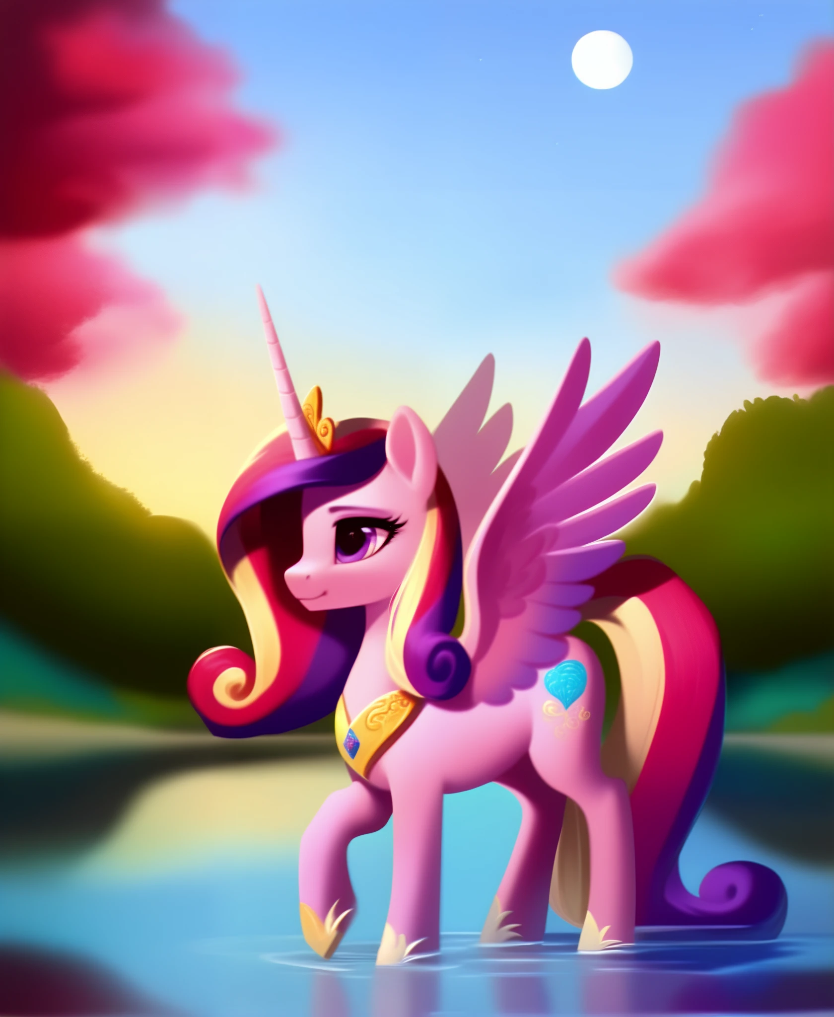 score_9, feral pony princess cadance swimming in a beautiful lake, reflections, (night), moon and stars, solo