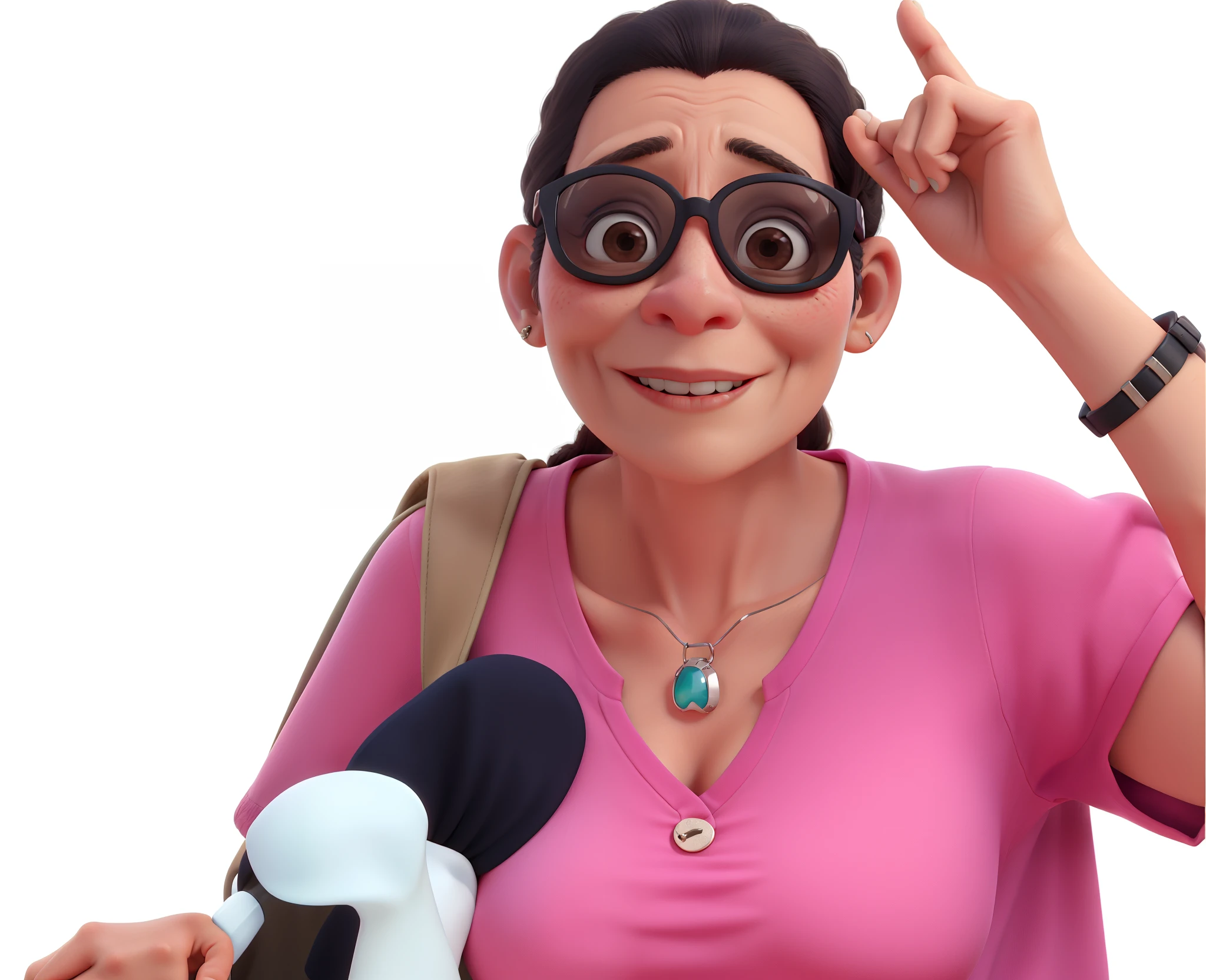 uma mulher de 60 anos usando oculos escuros, pele marrom, blusa rosa, bolsa pendurada no ombro
