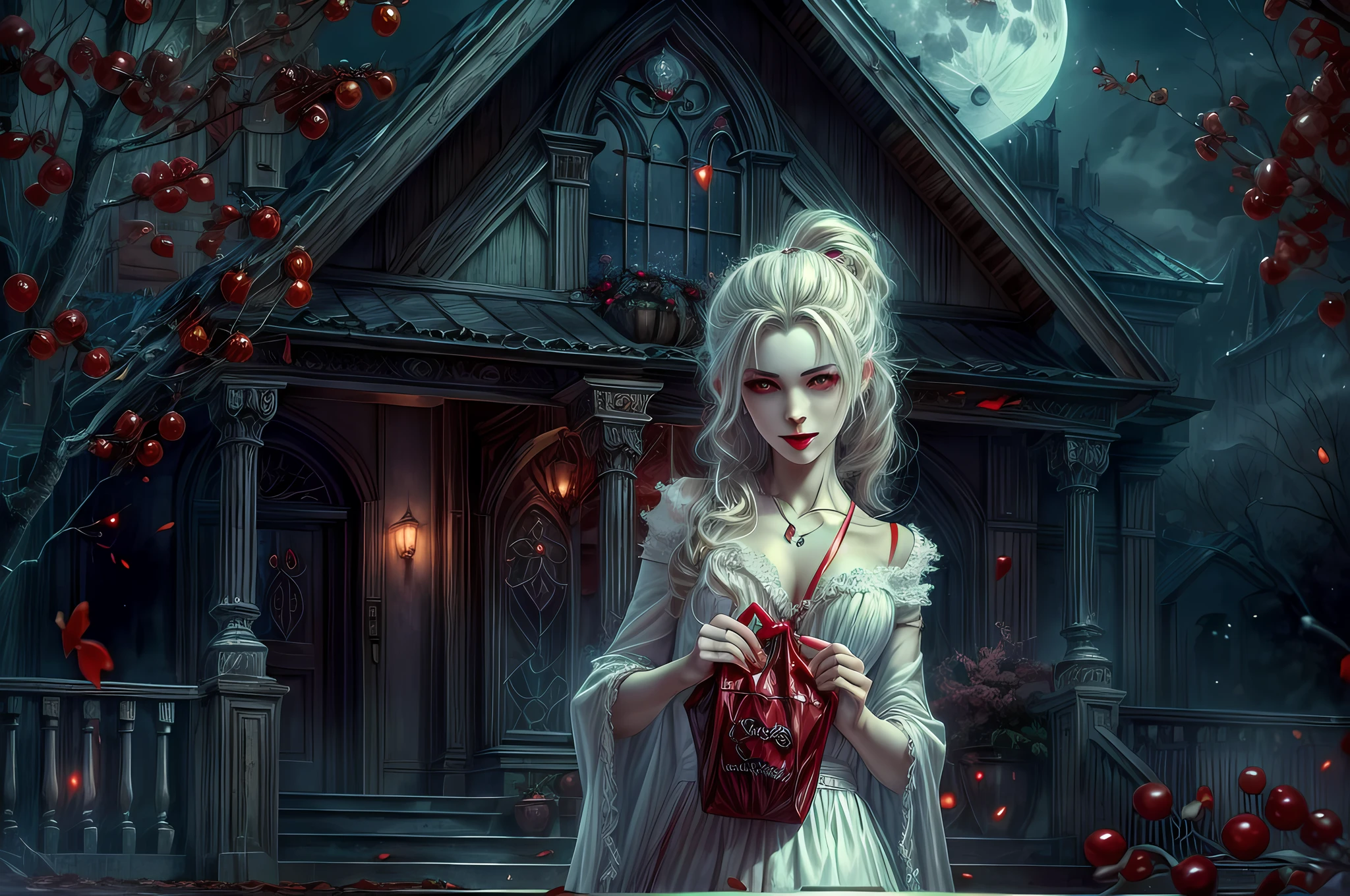 icture of vampire standing in the front of her home holding a (candy bag: 1.2), an exquisite beautiful female vampire in her front door of her home, full body (ultra detailed, Masterpiece, best quality), ultra detailed face (ultra detailed, Masterpiece, best quality), grey skin: 1.3 , blond hair, hair in a ponytail, long hair, blue eyes, cold eyes, glowing eyes, intense eyes, smile with [drops of blood on face] (ultra detailed, Masterpiece, best quality), dark red lips, [vampire fangs], wearing white dress (ultra detailed, Masterpiece, best quality), dark blue cloak, high heeled boots in front of her home, (holding a candy bag: 1.4), high details, best quality, 16k, [ultra detailed], masterpiece, best quality, (ultra detailed), full body, ultra wide shot, photorealism, luis royo style, dark fantasy art, moon light coming through the window, moon rays, gothic art, sense of dread, sense of seduction, bloodmagic