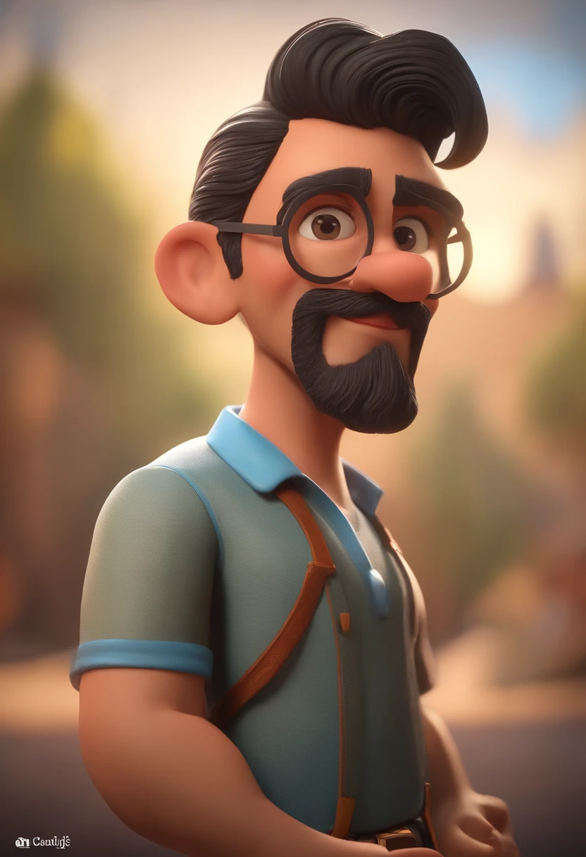 Personagem dos desenhos animados de um homem cabelo preto, barba estilo cavanhaque uma camisa azul,Holding Animation Character, Caractere estilizado, animation style rendering, 3D estilizado, Arnold Maya render, 3 d render stylized, toon render keyshot, Personagem 3D, Personagem 3D, 3d rendering stylized, 3 d character render, personagem de desenho animado, Personagem de close up, Pose de personagem, (Estilo Pixar) (master part:1.2) (Bokeh) (best quality) (pele detalhada) (textura detalhada) (8k) (argila) (Cinematic lighting) (foco nítido