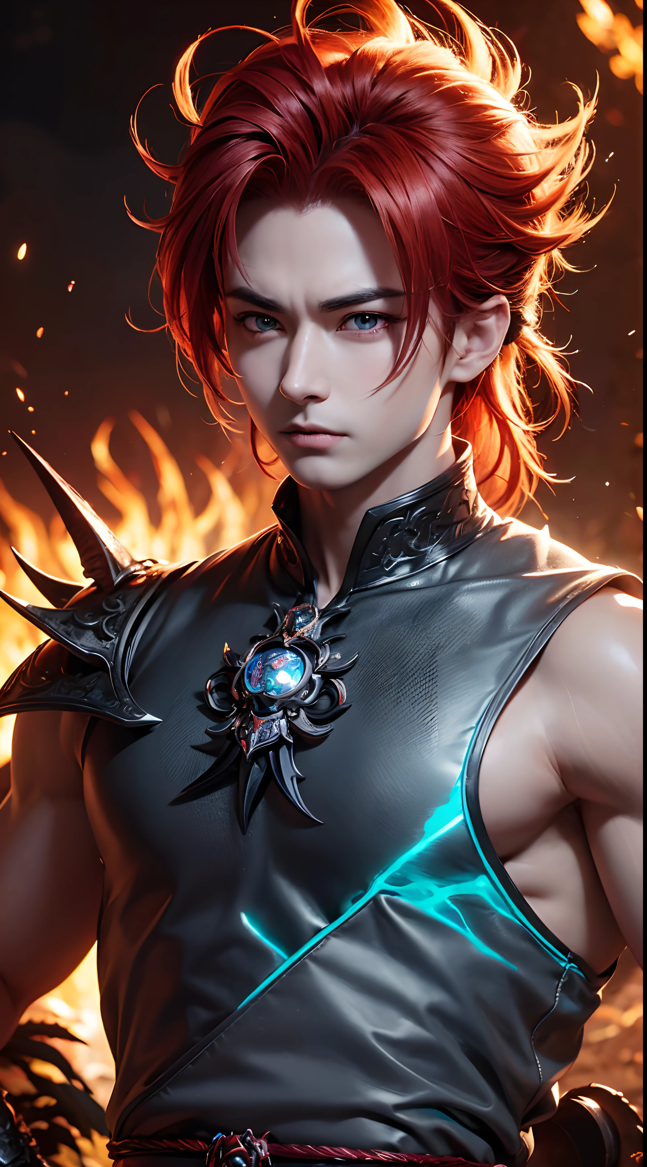 An 8k masterpiece, highest resolution, every detail, meticulous detail, depth of field, bright colors, beautiful composition: stunning take on an anime character Gohan with brilliant red hair and beautifully detailed glowing eyes, standing against a dark and ominous background. This handsome demon slayer is the epitome of bad guys in the world of fantasy art.