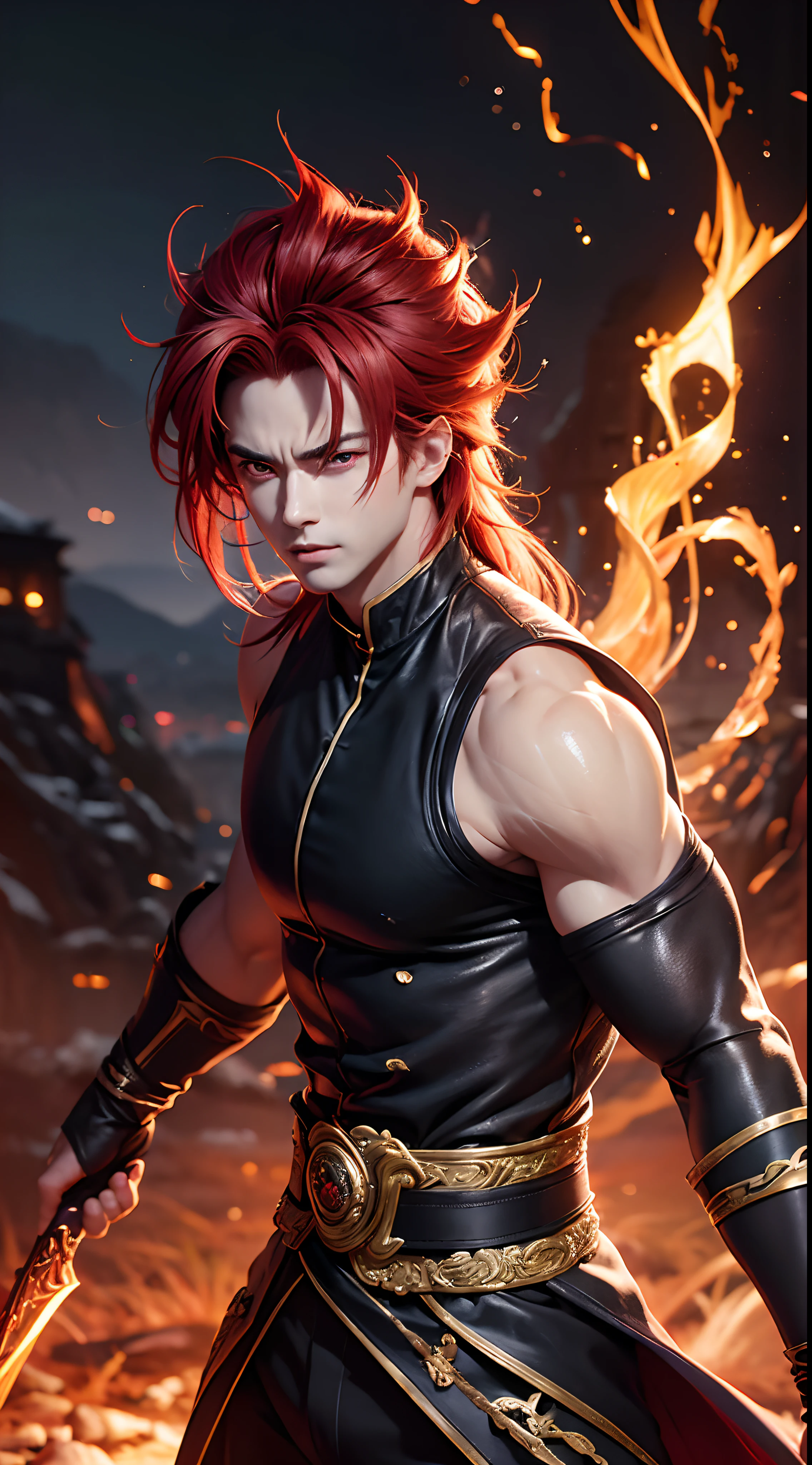An 8k masterpiece, highest resolution, every detail, meticulous detail, depth of field, bright colors, beautiful composition: stunning take on an anime character Gohan with brilliant red hair and beautifully detailed glowing eyes, standing against a dark and ominous background. This handsome demon slayer is the epitome of bad guys in the world of fantasy art.