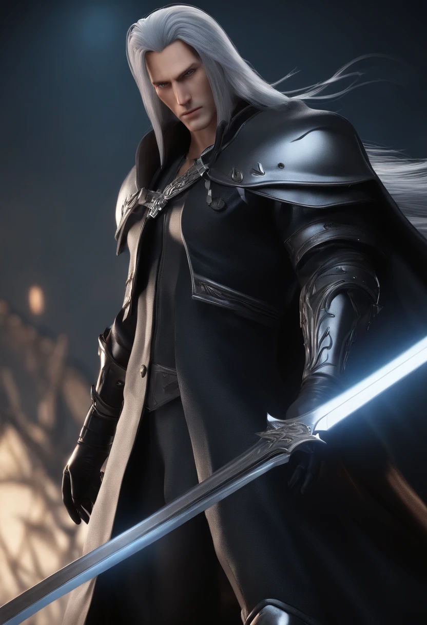 Like Sephiroth in FF7, animation character, Stylized characters, animation style render, Stylized 3D, Arnold Maya Lender, 3d rendering stylized, toon render keyshot, 3dcharacter, 3dcharacter, 3D rendering stylized, 3 d character render, comic book character, close up character, Character Pose, (pixer style) (Master Parts:1.2) (Bokeh) (Best Quality) (detailedskin) (detailed texture) (8K) (clay) (Cinematic lighting) (foco nítido