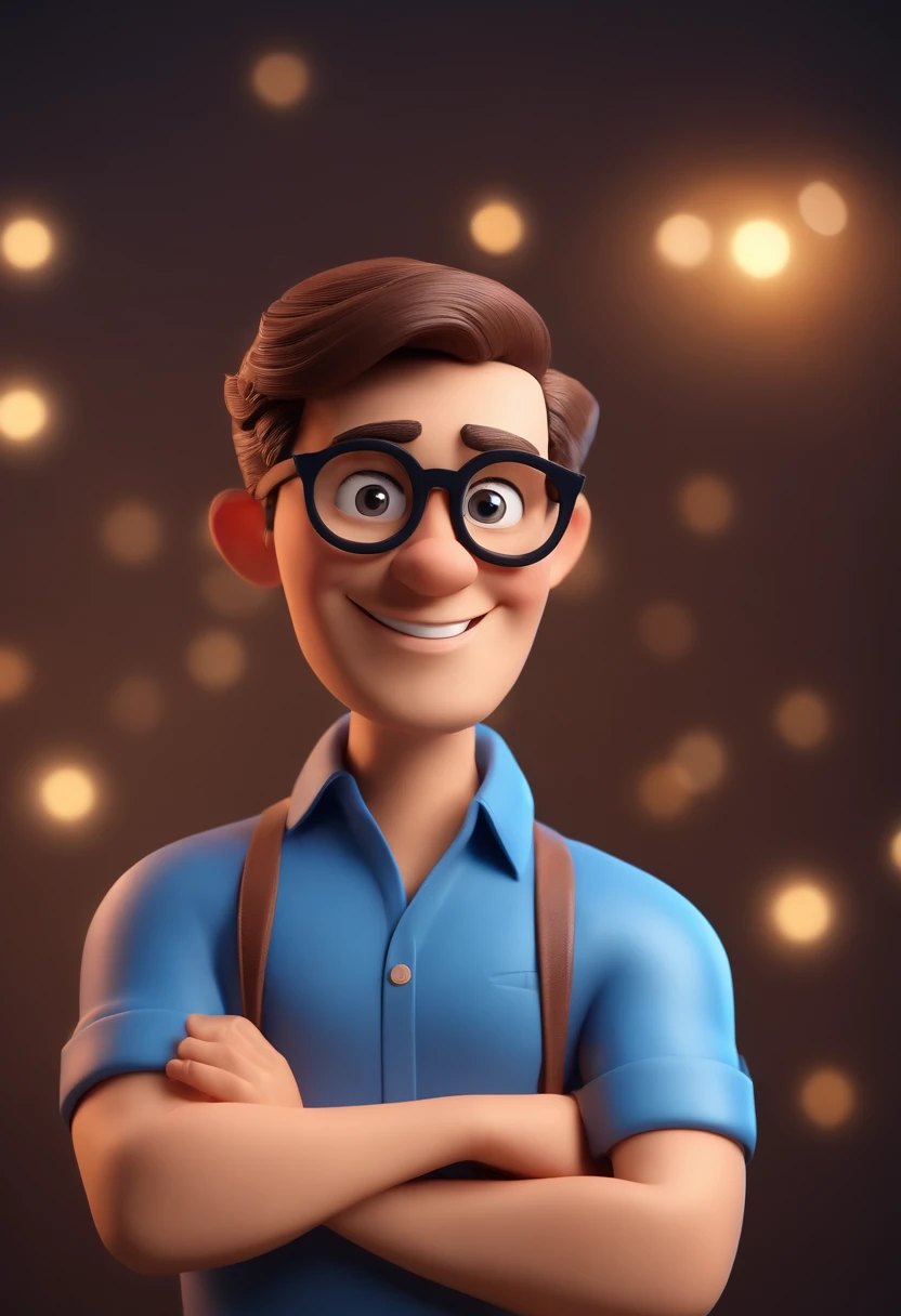 Cartoon character of a man wearing black glasses and a blue shirt, um personagem animado, Caractere estilizado, animation style rendering, 3D estilizado, Arnold Maya render, 3 d render stylized, toon render keyshot, Personagem 3D, Personagem 3D, 3d rendering stylized, 3 d character render, personagem de desenho animado, Personagem de close up, Pose de personagem, (Estilo Pixar) (master part:1.2) (Bokeh) (best quality) (pele detalhada) (textura detalhada) (8k) (argila) (Cinematic lighting) (foco nítido,Senta e vaza a parte superior do corpo