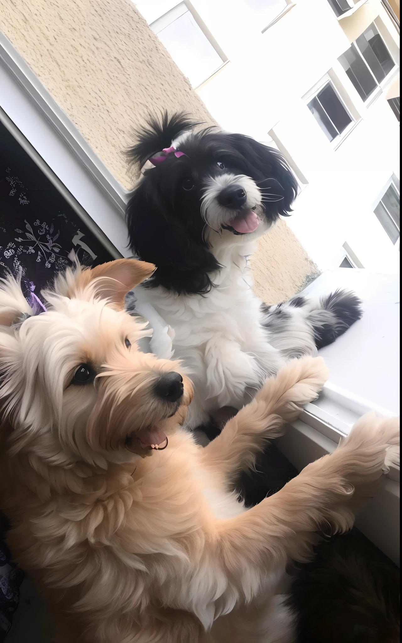 There are two dogs that are standing on a windowsill, Two dogs, 📷 Mungojerrie e Rumpleteazer, both smiling for the camera, Gorgeous features, havanese dog, Mistura de Corgi e Doodle, They are close to each other, olhando para fora, aw, Scandy e Arender, they are watching, olhando para o lado