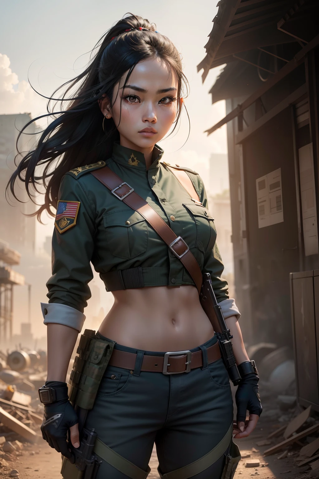 Create a masterpiece with the highest quality and attention to detail, aiming for a photorealistic portrayal of a Filipino woman, 24-years-old, wearing a solider uniform. The artwork should have a cinematic feel and be rendered in ultra-high resolution (8k). The composition should focus on a medium shot, highlighting the Filipino woman's striking appearance and intense personality. Include a combination of strength and finesse. Her attire is a crucial aspect of her character: a camouflage uniform, torn tank to, torn military pants, gun holsters, emphasizing her strength and combat skills. The uniform features subtle textures and contours that catch the light, adding depth to the infantry. Accents of dark gray and gunmetal are strategically placed to enhance the uniform's visual appeal. The Filipino Woman's dark hair cascades over her shoulders, adding a touch of vibrant color to the scene. Her expression is enigmatic, showcasing her brash and strategic thinking. Within the composition, incorporate elements that allude to her militant background: ruins, burning city, advanced technology, and a backdrop that hints at a warzone environment