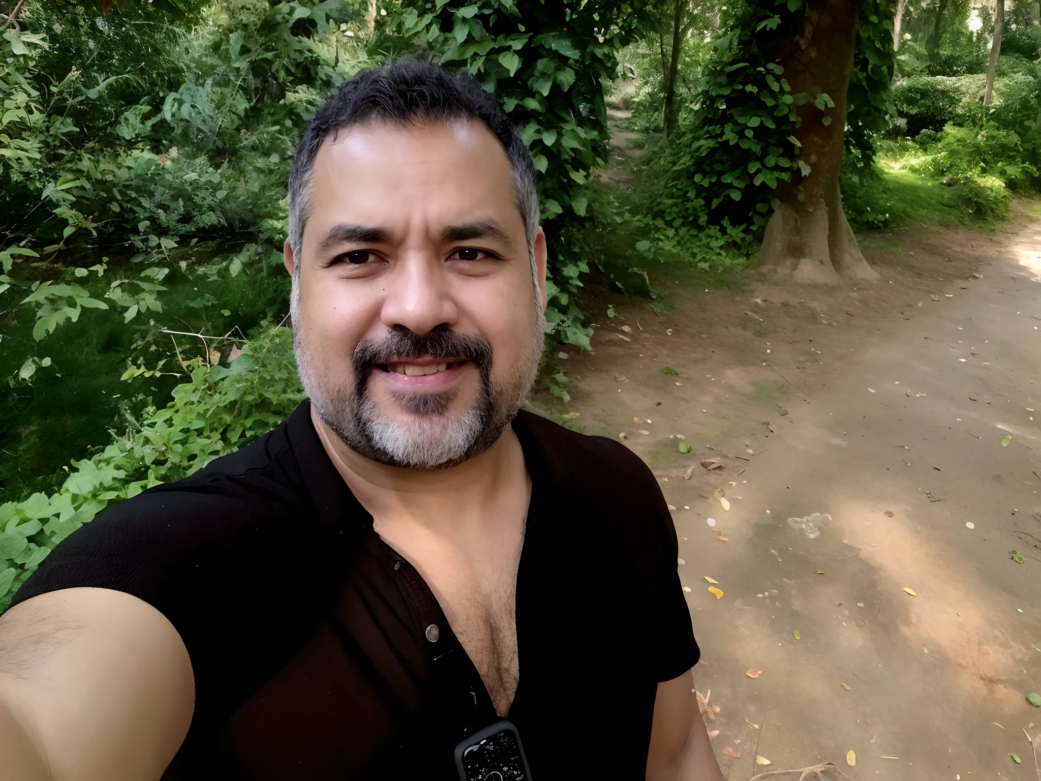 there is a man taking a selfie with a cell phone, em frente a um fundo de floresta, david rios ferreira, Fotografia selfie 8k, Postagem no Reddit, Homens de 45 anos, na selva, (38 anos), em uma selva, cerca de 3 5 anos, in front of an amazing forest, icaro carvalho, Directed by: Luis Miranda