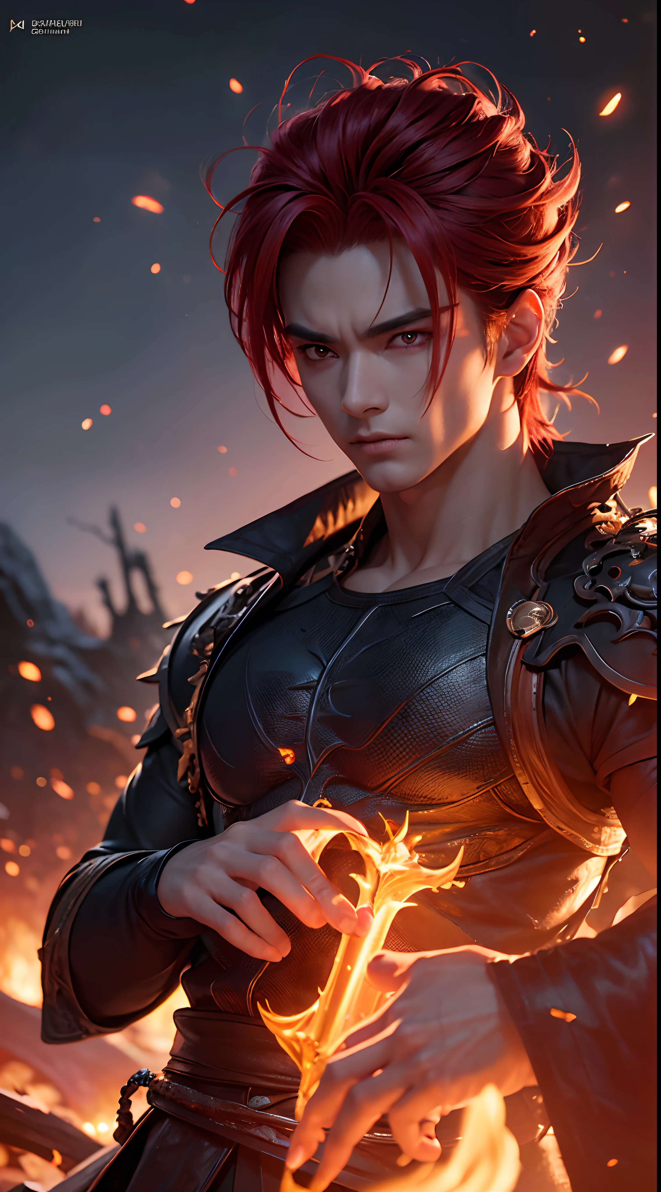 An 8k masterpiece, highest resolution, every detail, meticulous detail, depth of field, bright colors, beautiful composition: stunning take on an anime character Gohan with brilliant red hair and beautifully detailed glowing eyes, standing against a dark and ominous background. This handsome demon slayer is the epitome of bad guys in the world of fantasy art.