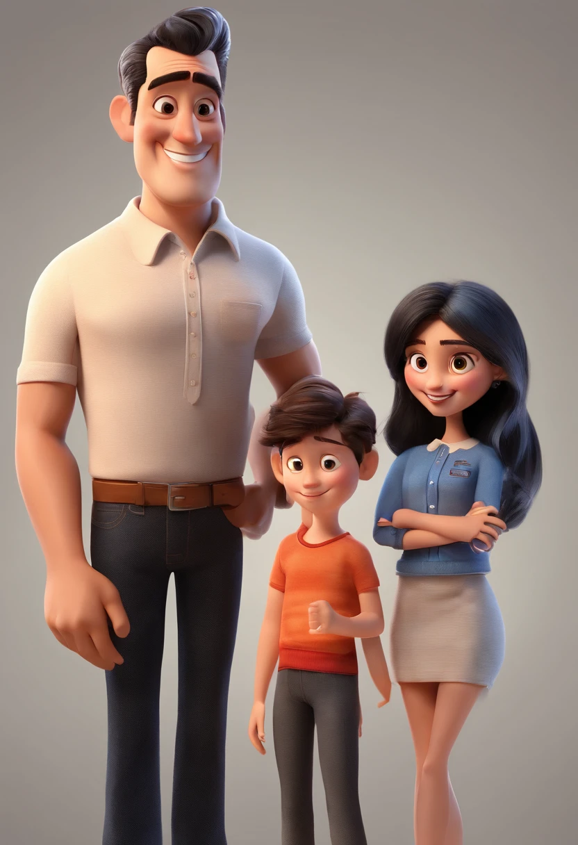 Estilo Pixar: O homem adulto, camisa preta com sua esposa de camisa preta, a teenage son in a black shirt and a daughter in a white sweatshirt in front in Adams family style