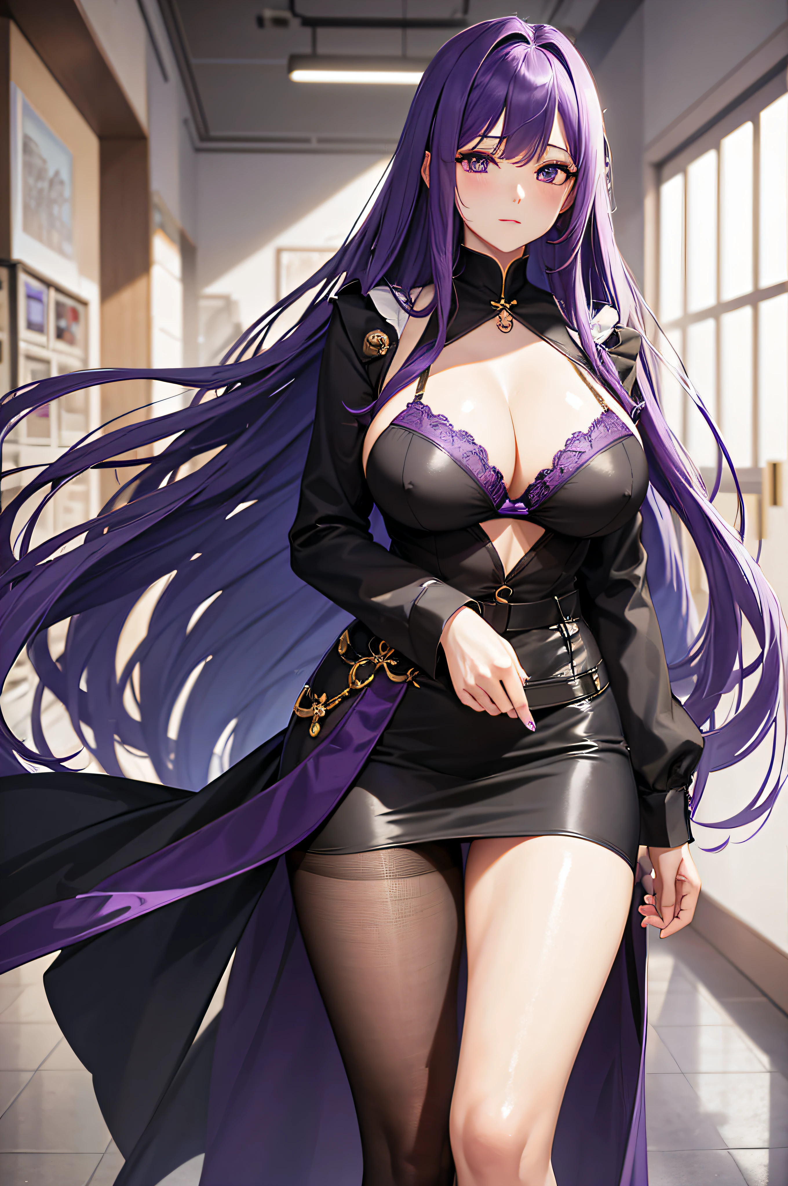 A woman with long purple hair,1个Giant Breast Girl,Bao,Black bra,brassier,nedium breasts,cleavage,耳Nipple Ring,high-heels,jewely,Large breasts,long whitr hair,looking at viewert,lacepantyhose,pencil skirts,Purple hair,The shirt,a skirt,独奏,underdressing,Very long hair