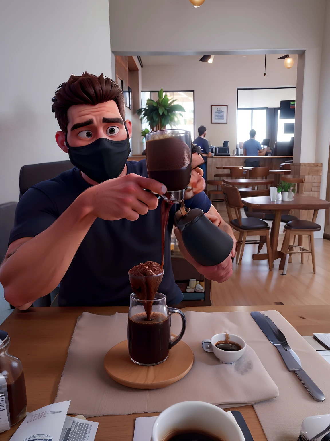 Man straining coffee in a coffee shop. ele tem cabelos curtos castanhos usa uma camiseta e mascara pretas