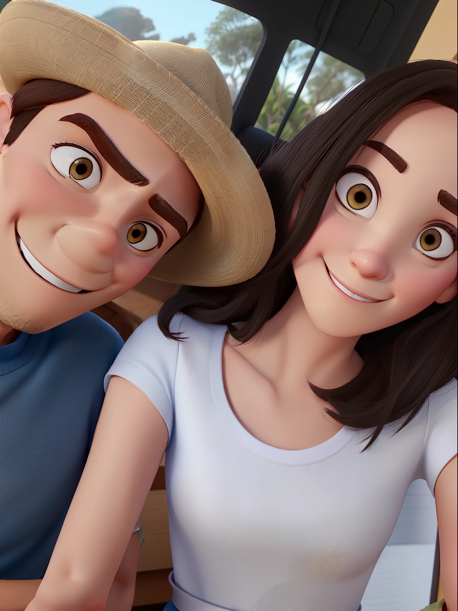 Fotografia selfie 8k. A imagem mostra um homem e uma mulher sentados juntos em um banco, ambos sorrindo e posando para uma foto. The woman is wearing a dress and the man is wearing a black shirt. Eles parecem estar gostando da companhia um do outro e do momento. Ao fundo, there are some other people, But they are not the main focus of the scene. The main focus is the couple sitting on the bench, capturing a happy and pleasant moment.