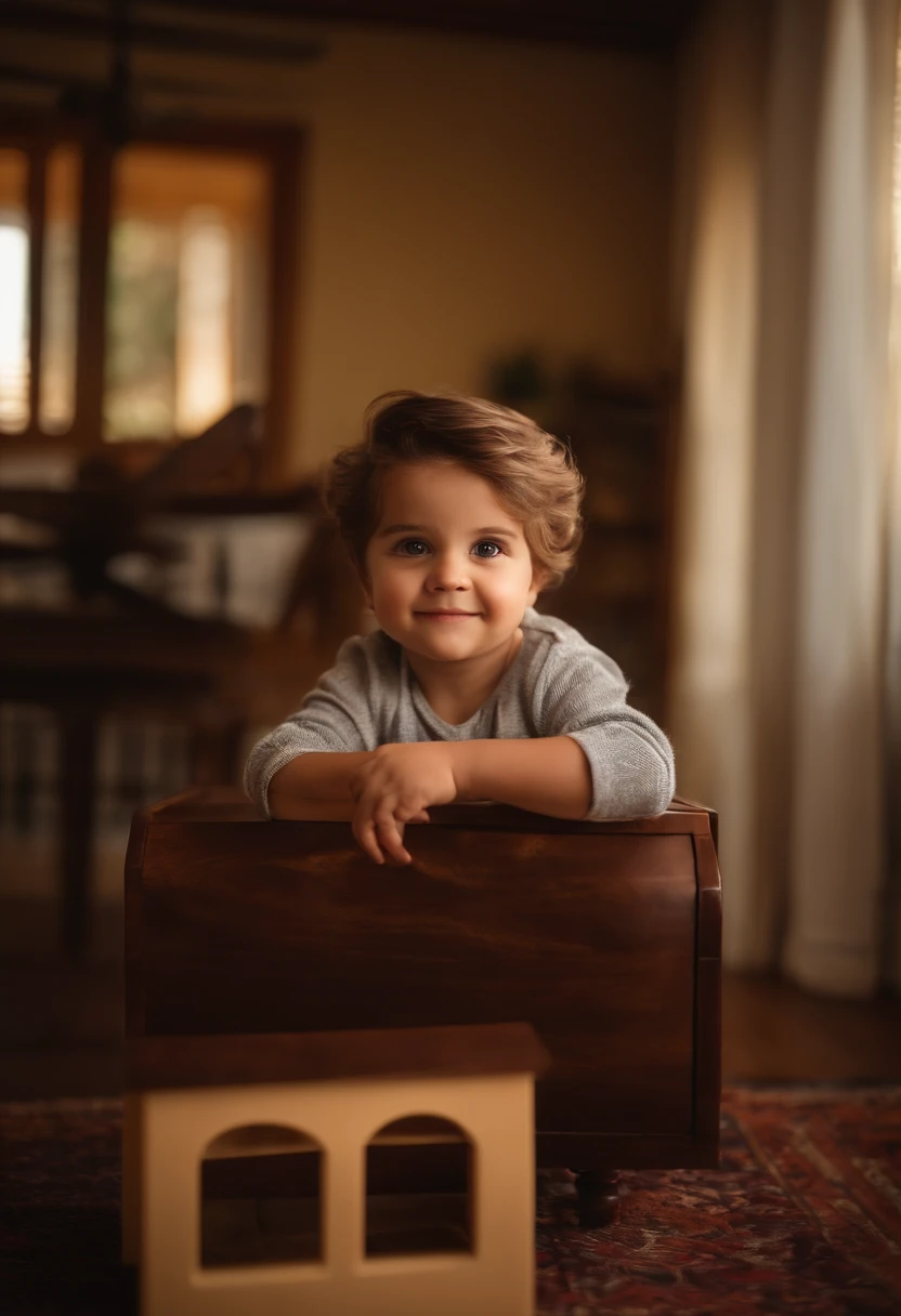 : Miguel, aproximadamente 5 anos de idade, cabelo curto estilo Disney, olhos castanhos e sorrisos. garota: Giovana, 2 anos, longos cabelos pretos e olhos azuis. scenecy: Miguel and Giovana are in a cozy little house in the valley, ao fundo um dia ensolarado, Destacando o Sol.