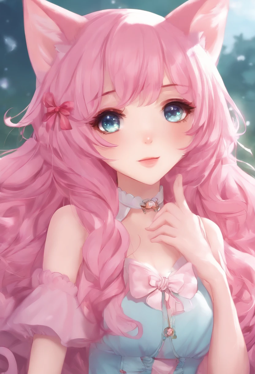 Anime girl with pink hair and pink hat and pink dress, cute anime catgirl, Very Beautiful Anime Cat Girl, pink twintail hair and cyan eyes, anime catgirl, pink fox, Anime girl with cat ears, soft anime illustration, kemonomimi, beautiful anime catgirl, Holo is a wolf girl, Nekomimi