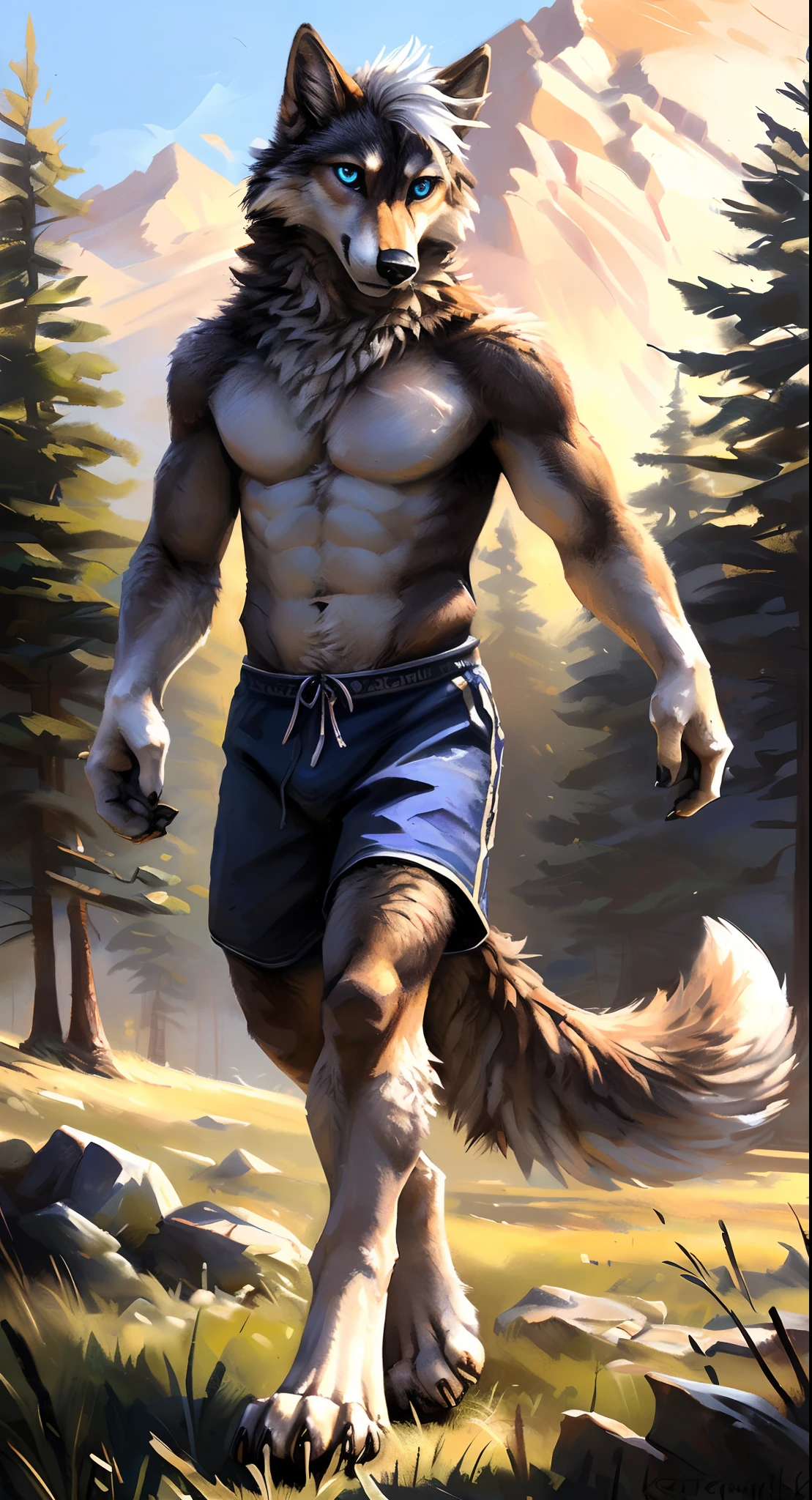 ((Solo)), male people, anthro wolf, (Multi-colored fur, White-brown:1.3，White tail pointed), (Height 2.1m,Tail length 1.2m), ((Wolf face, White hair, Big eyes, White eyelids, Blue pupil, Slim:1.2) (Tough, Calm expression:1.2)), Abs, Slim, pinging)), (Correct anatomy), (Work shorts:1.1), The upper body is naked, (detailed outfits),A long big tail，Feet，(Realistic fur, Detailed fur texture, labeled:1.3)), (Natural lighting), Photorealistic, Hyperrealistic, ultradetailed, by Kenket，Endless grasslands，There are no trees，There are no big stones，No artificiality，erect through，Running on