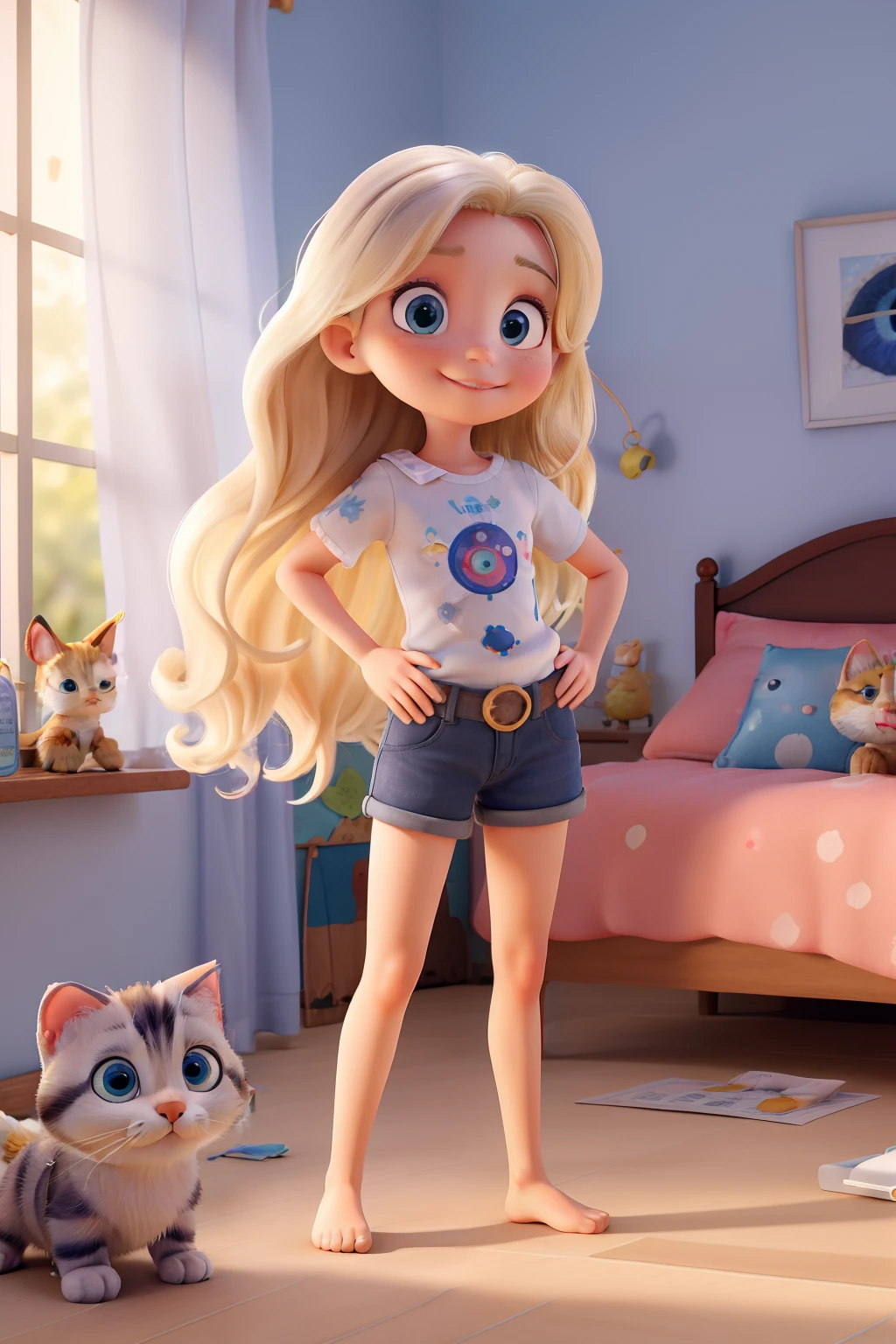obra-prima, melhor qualidade, blonde girl, 7 anos, olhos azuis, corpo magro, cabelos longos, little girl is drawing on her bedroom table accompanied by her PET painted kitten with gray oils and blue eyes. Ao fundo o seu quarto com um suave feixe de luz solar entrando pela janela