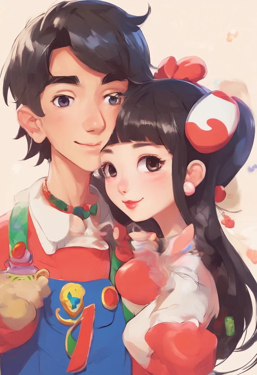 pale asian boy with very long chin, far apart eyes and short bowl haircut and pretty korean girl with bangs and long hair and very big lips