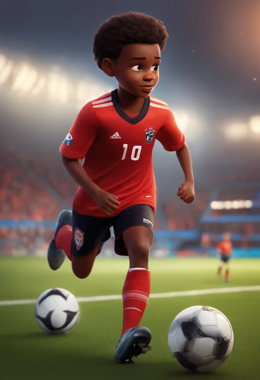 Image of a boy soccer player for a story in a YouTube video in Pixar format, He's the little allabester, He's the class leader, He's outgoing, Playful and gets up for a lot of things, cabelo curto preto