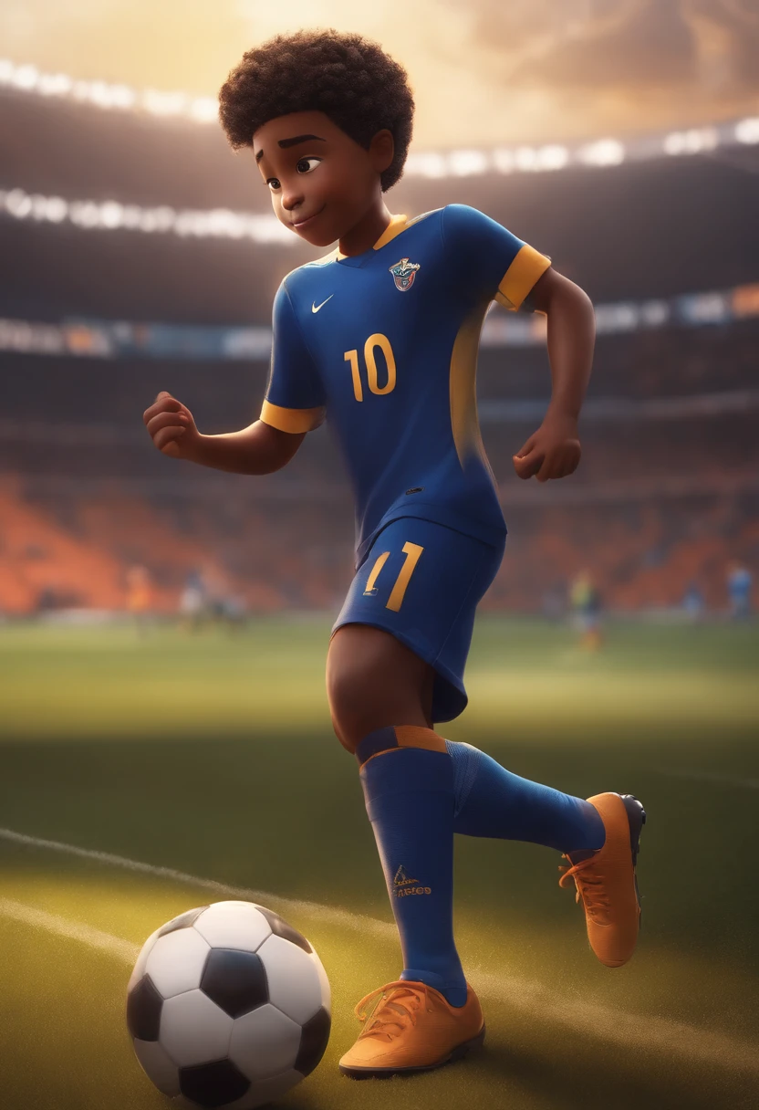 Image of a boy soccer player for a story in a YouTube video in Pixar format, He's the little allabester, He's the class leader, He's outgoing, Playful and gets up for a lot of things, cabelo curto preto
