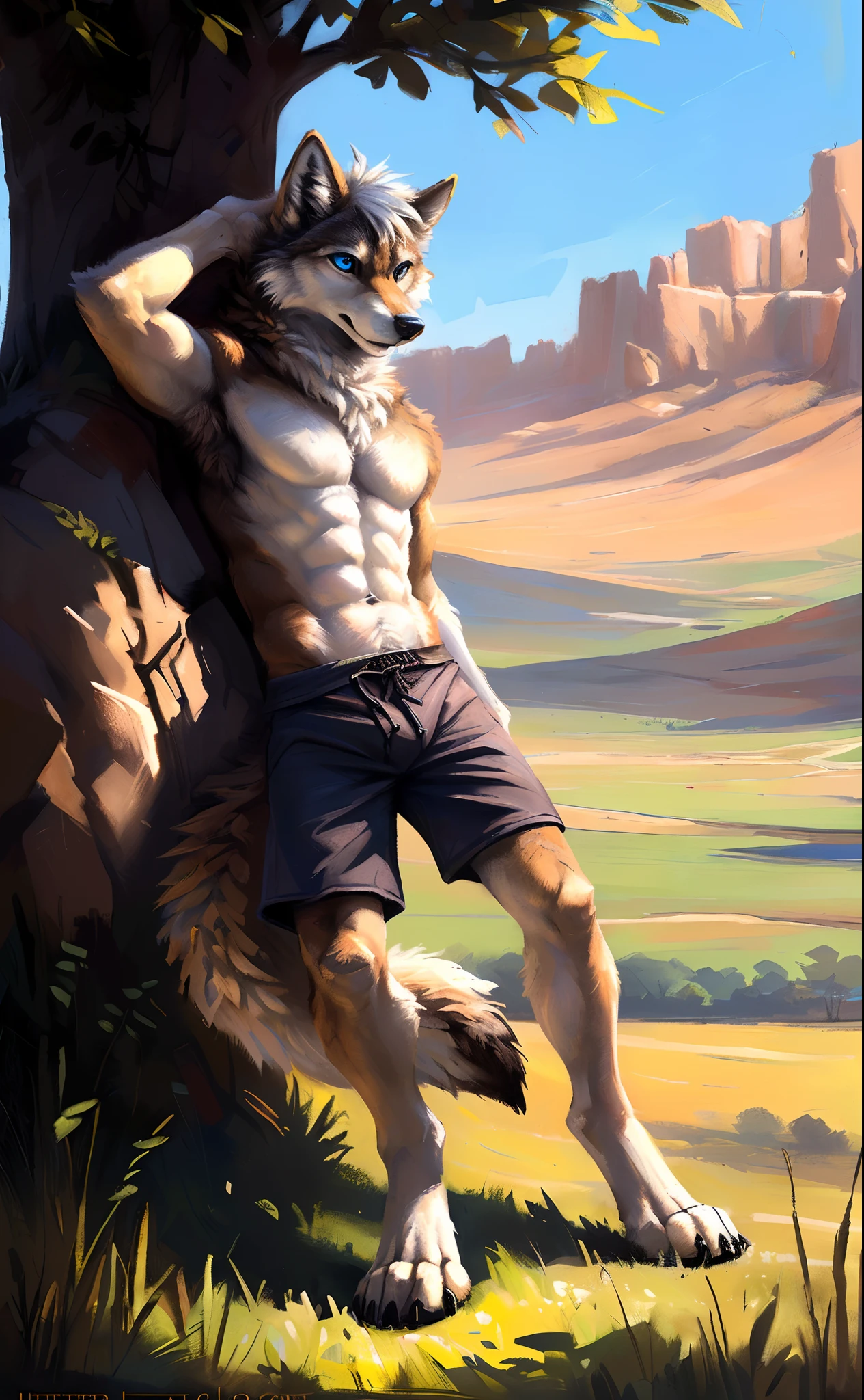 ((Solo)), male people, anthro wolf, (Multi-colored fur, White-brown:1.3，White tail pointed), (Height 2.3 meters,Tail length 1.2m), ((Wolf face, White hair, Big eyes, White eyelids, Blue pupil, Slim:1.2) (Tough, Calm expression:1.2)), Abs, Slim, pinging)), (Correct anatomy), (Work shorts:1.1), The upper body is naked, (detailed outfits),A long big tail，Feet，(Realistic fur, Detailed fur texture, labeled:1.3)), (Natural lighting), Photorealistic, Hyperrealistic, ultradetailed, by Kenket，Endless grasslands，There are no trees，There are no big stones，No artificiality，erect through，Running on